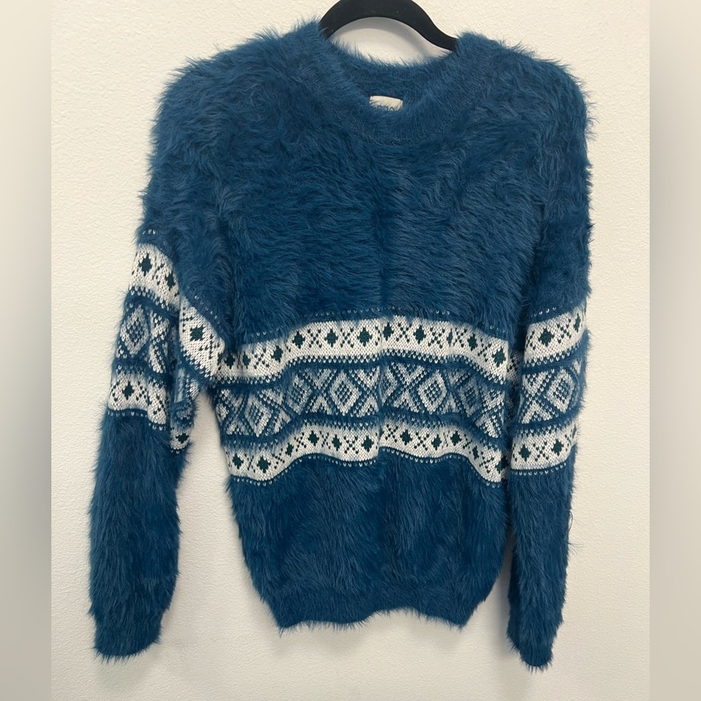 Urban Outfitters BDG Blue Fuzzy Fair Isle Sweater Crewneck, Size Small